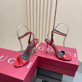STRAP HIGH BAMBOO-EFFECT HEEL SANDAL IN RED PATENT CALFSKIN